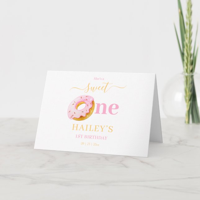 Sweet One Donuts Birthday Invitation, Pink Donuts Thank You Card (Front)