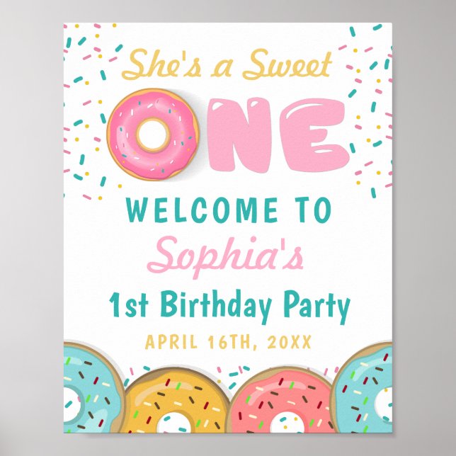 Sweet One Donuts First Birthday Party Welcome Poster (Front)