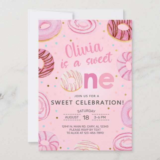 Sweet One donuts girl first, 1st birthday invite.  Invitation (Front)