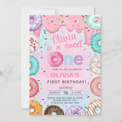 Sweet One donuts girl first 1st birthday invite Invitation