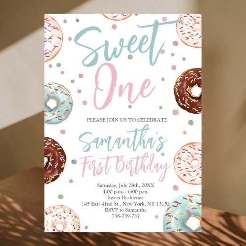 Sweet One Donuts Watercolor First Birthday  Invitation