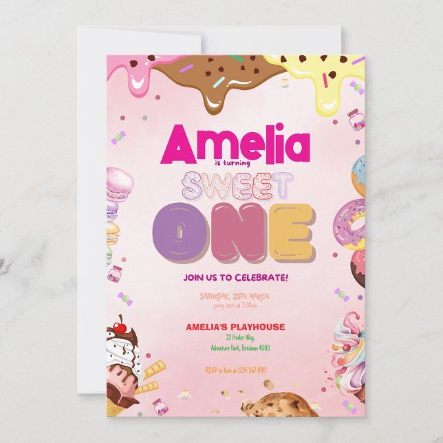 Sweet One First Birthday Invitation | Candy-Themed (Front)