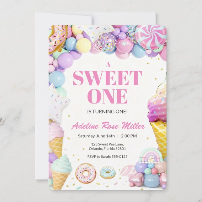 Sweet One First Birthday Invitation | Pastel Donut (Front)