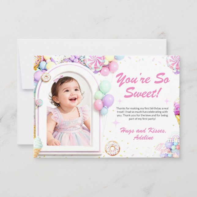 Sweet One First Birthday Thank You Card with photo (Front)