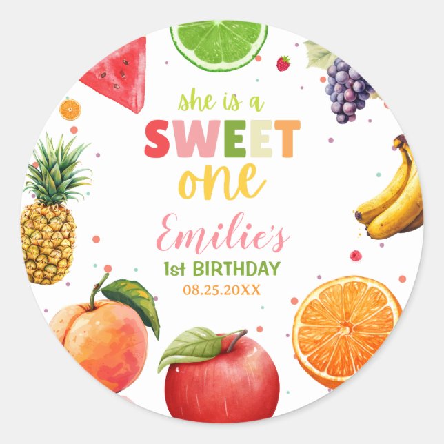 Sweet One Fruit 1st Birthday Bash, Summer Party Classic Round Sticker (Front)