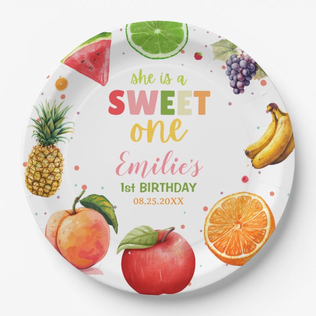 Sweet One Fruit 1st Birthday Bash, Summer Party Paper Plates (Front)