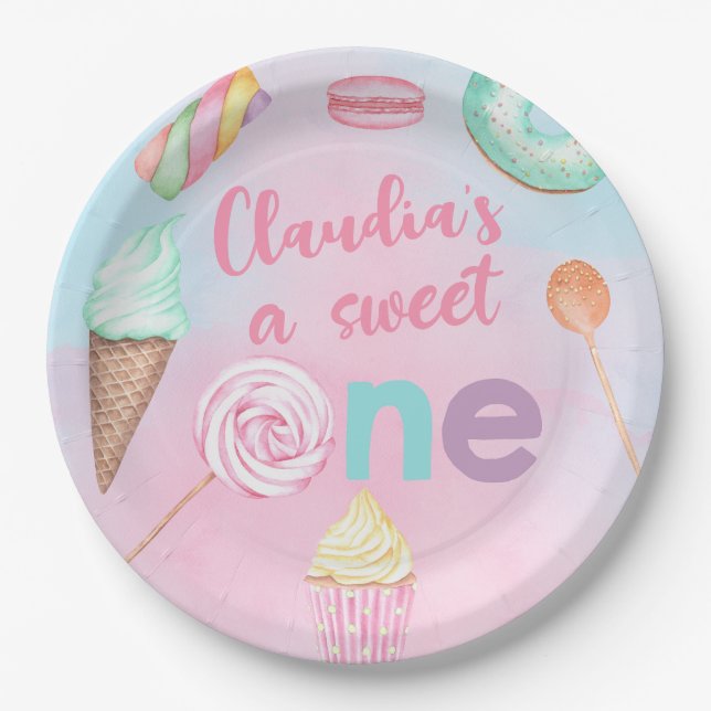 Sweet One girl 1st birthday party paper plate. Paper Plates (Front)