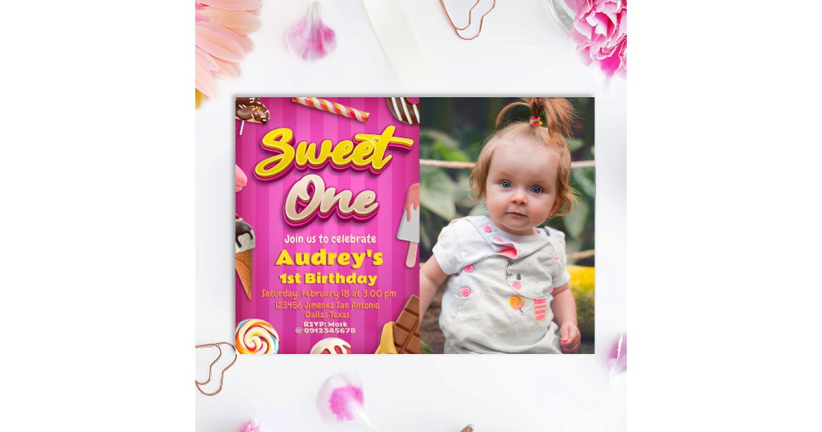 Sweet One - Girl 1st Birthday with Photo Invitation | Zazzle