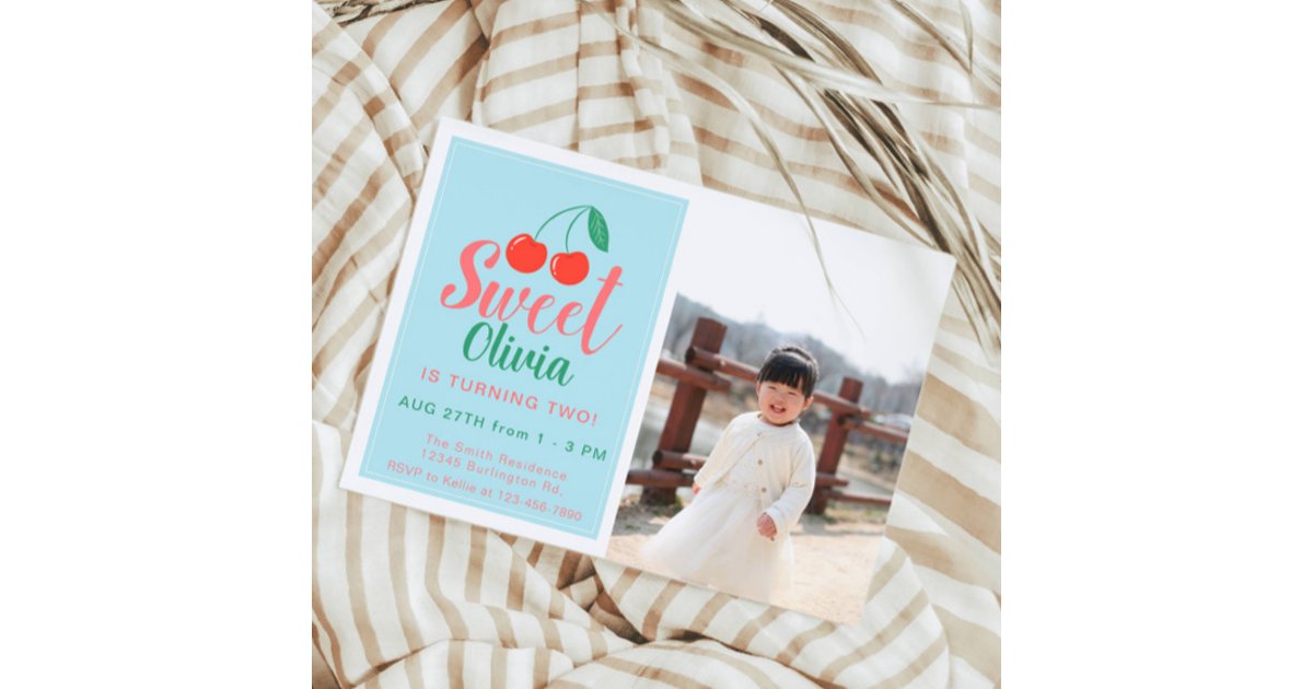 Sweet One Girl Birthday Cherry Summer Photo Invitation | Zazzle