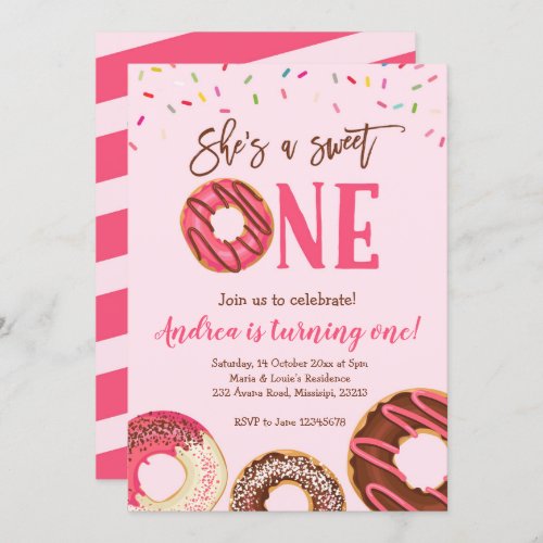 Sweet One Girl Donut themed Birthday Invitation