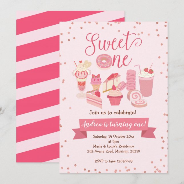 Sweet One Girl Donut themed Birthday Invitation (Front/Back)
