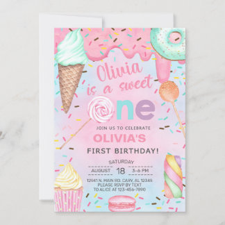 Sweet One girl first, 1st birthday invitation. Inv Invitation