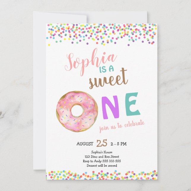 Sweet One Girl First Birthday Donut Cute Invitation (Front)