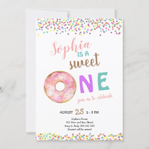 Sweet One Girl First Birthday Donut Cute Invitation