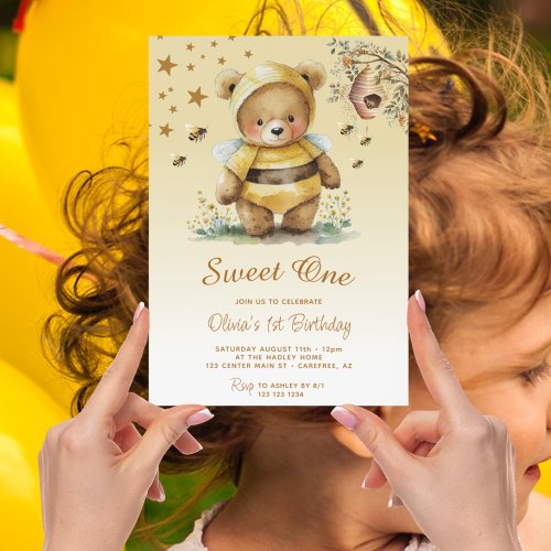 Sweet One Honey Bear Girl 1st Birthday Invitation