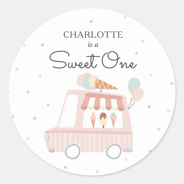 Sweet One Ice Cream 1st Birthday Party Favors Classic Round Sticker (Front)