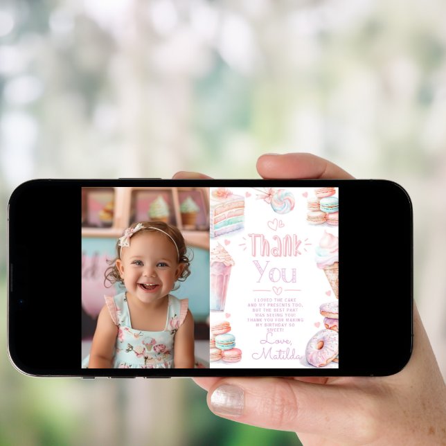 Sweet one ice cream birthday photo thank you card (Front Digital)