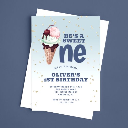 Sweet One Ice Cream Blue 1st Birthday Invitation