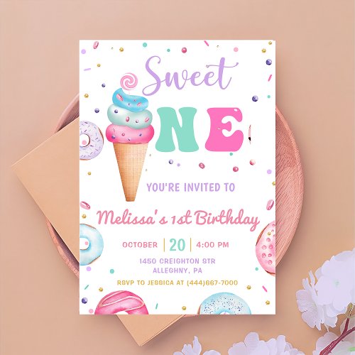 Sweet One Ice Cream Donut 1st Birthday Invitation