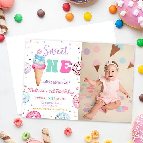 Sweet One Ice Cream Donut 1st Birthday Photo Invitation