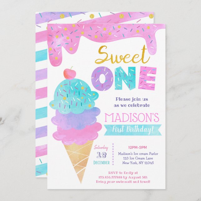 Sweet One Ice Cream First Birthday Invitations (Front/Back)