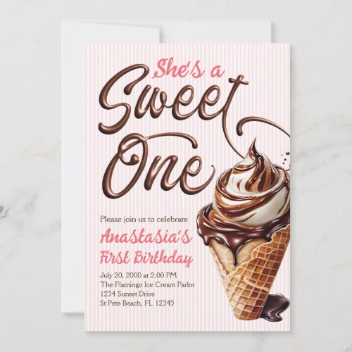 Sweet One Ice Cream Girls 1st Birthday Invitation