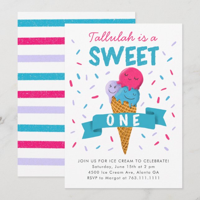 Sweet One Ice Cream Kids 1st Birthday Party Invitation (Front/Back)