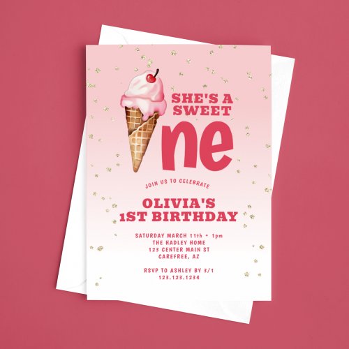 Sweet One Ice Cream Pink 1st Birthday Invitation