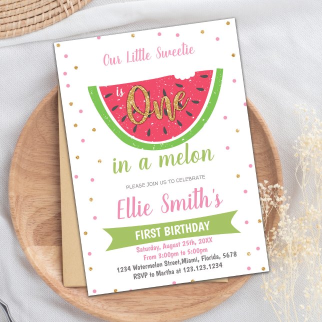 Sweet One in a Melon 6-Month Party Card (Half Watermelon Birthday Invitations)