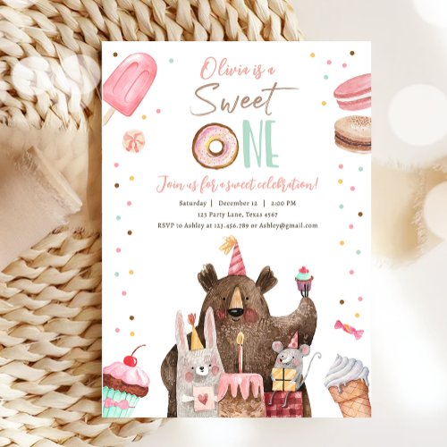 Sweet One Party Animals Donut Girl First Birthday Invitation