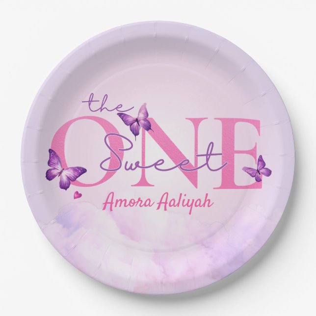 Sweet ONE Pastel Butterfly 1st Birthday Paper Plates (Front)