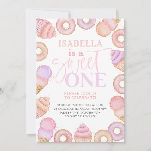 Sweet One Pastel Cupcake Donut Girls 1st Birthday  Invitation