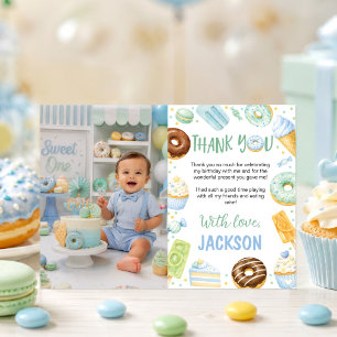 Sweet One Pastel Donut Birthday Photo Thank You Card