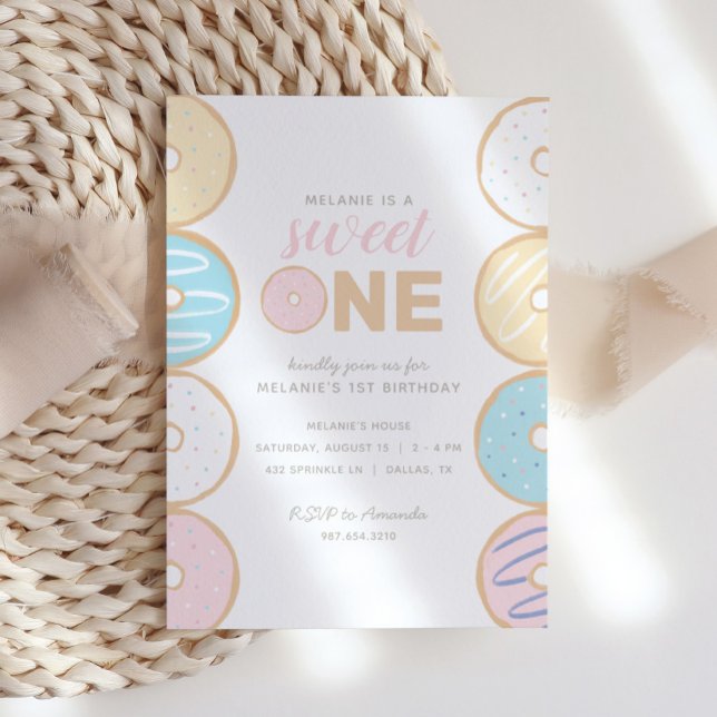 Sweet One Pastel Donut First Birthday Party Invita Invitation (Creator Uploaded)