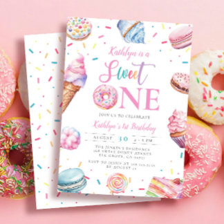 Sweet One Pastel Pink Donut Candy First Birthday Invitation