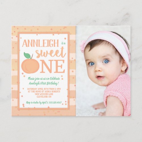 Sweet One Peach Theme Girls 1st Birthday Invitatio Postcard