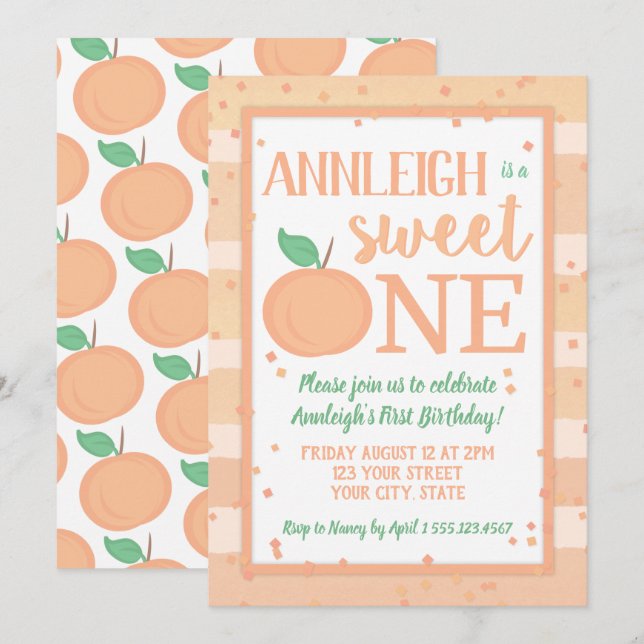 Sweet One Peach Theme Girls First Birthday Invitation (Front/Back)