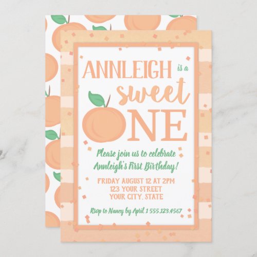 Sweet One Peach Theme Girls First Birthday Invitation