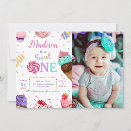 Sweet One Photo Birthday Party Invitation