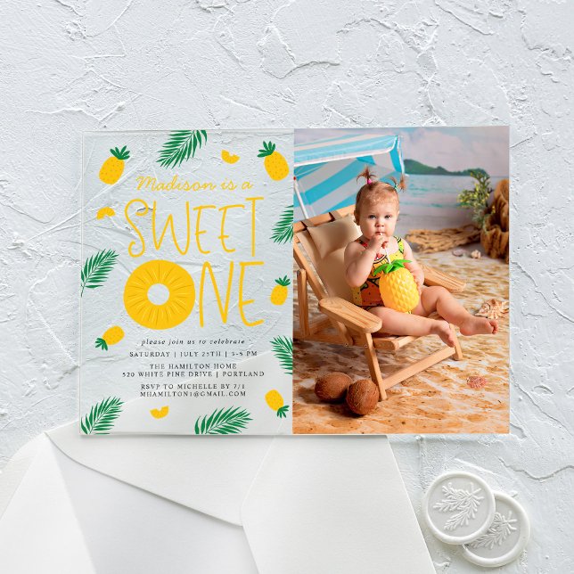 Sweet One Pineapple Photo 1st Birthday Party Acrylic Invitations (Creator Uploaded)