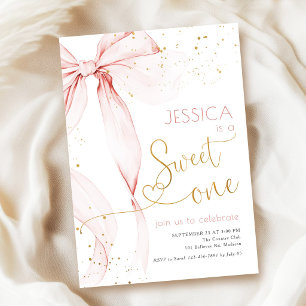 Sweet One Pink Bow 1st Birthday Invitation