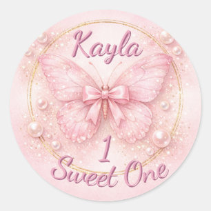 Sweet One Pink Butterfly 1st Birthday Classic Round Sticker