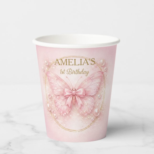 Sweet One Pink Butterfly 1st Birthday Girl  Paper Cups (Front)