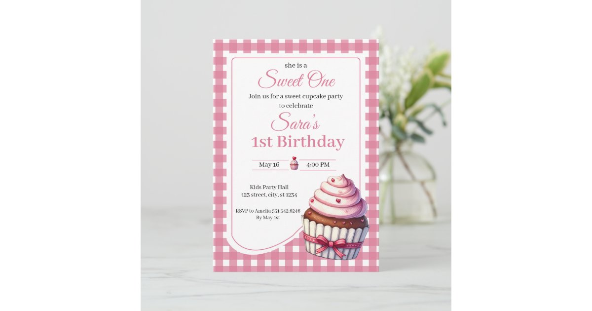 Sweet One Pink Cupcake Girl 1st Birthday Party Invitation | Zazzle