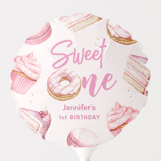 Sweet One Pink Cute Donuts Girl 1st Birthday Party Balloon (Front)