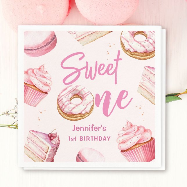 Sweet One Pink Cute Donuts Girl 1st Birthday Party Napkins (Creator Uploaded)