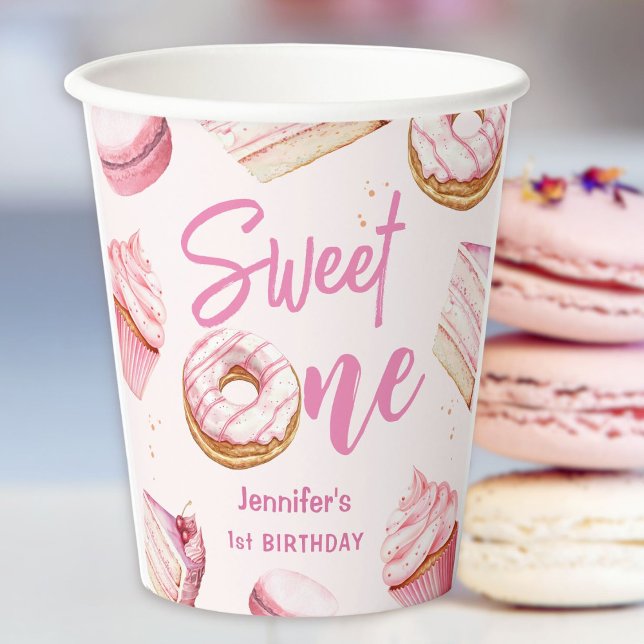 Sweet One Pink Cute Donuts Girl 1st Birthday Party Paper Cups (Creator Uploaded)