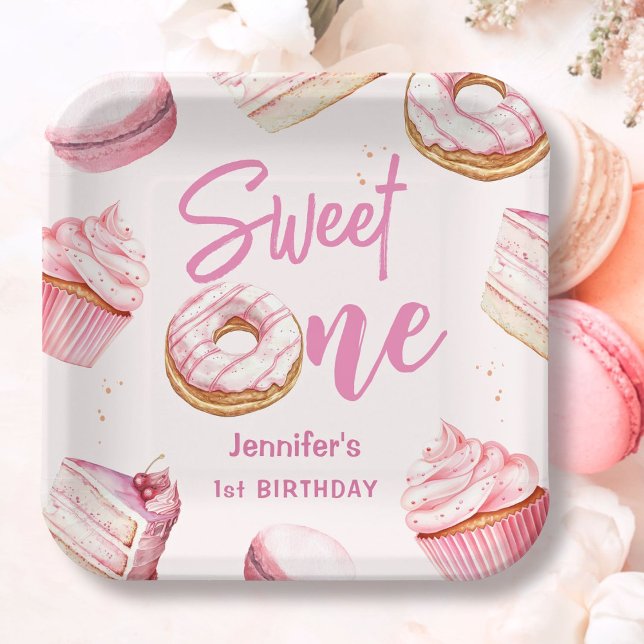 Sweet One Pink Cute Donuts Girl 1st Birthday Party Paper Plates (Creator Uploaded)