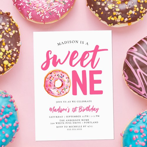 Sweet One Pink Donut 1st Birthday Invitation