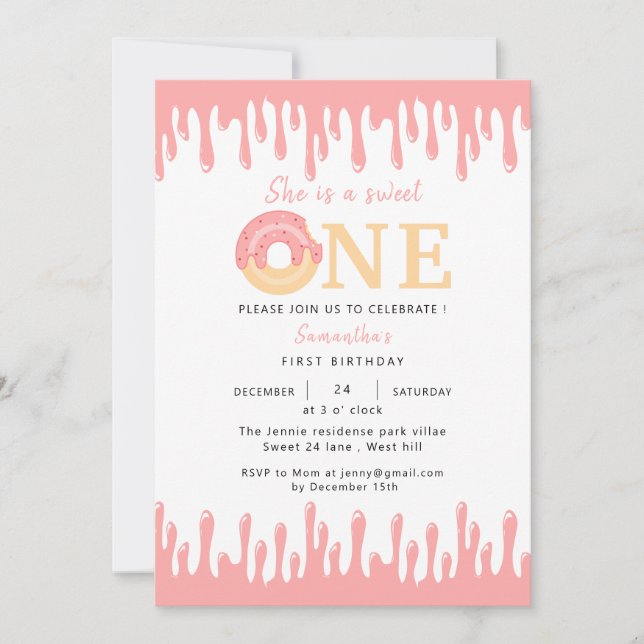 Sweet One Pink Donut  1st Birthday  Invitation (Front)